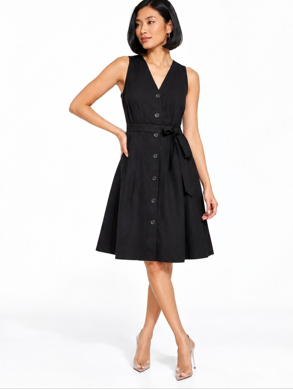 LOFT Black Sleeveless Button-Down Fit & Flare Belted Dress NWT